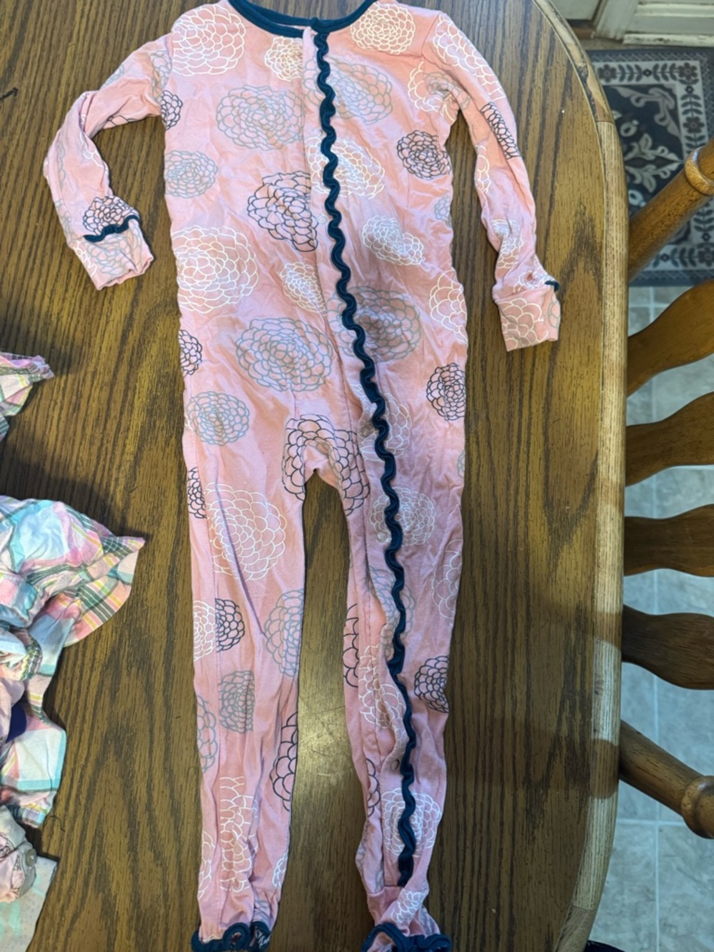 Kickee Pants Pink Floral Footed One-Piece with Navy Trim